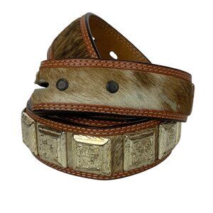 3D Mens Western Belt Sz 36 Brown Leather Hair-On Hide Square Silvertone Conchos